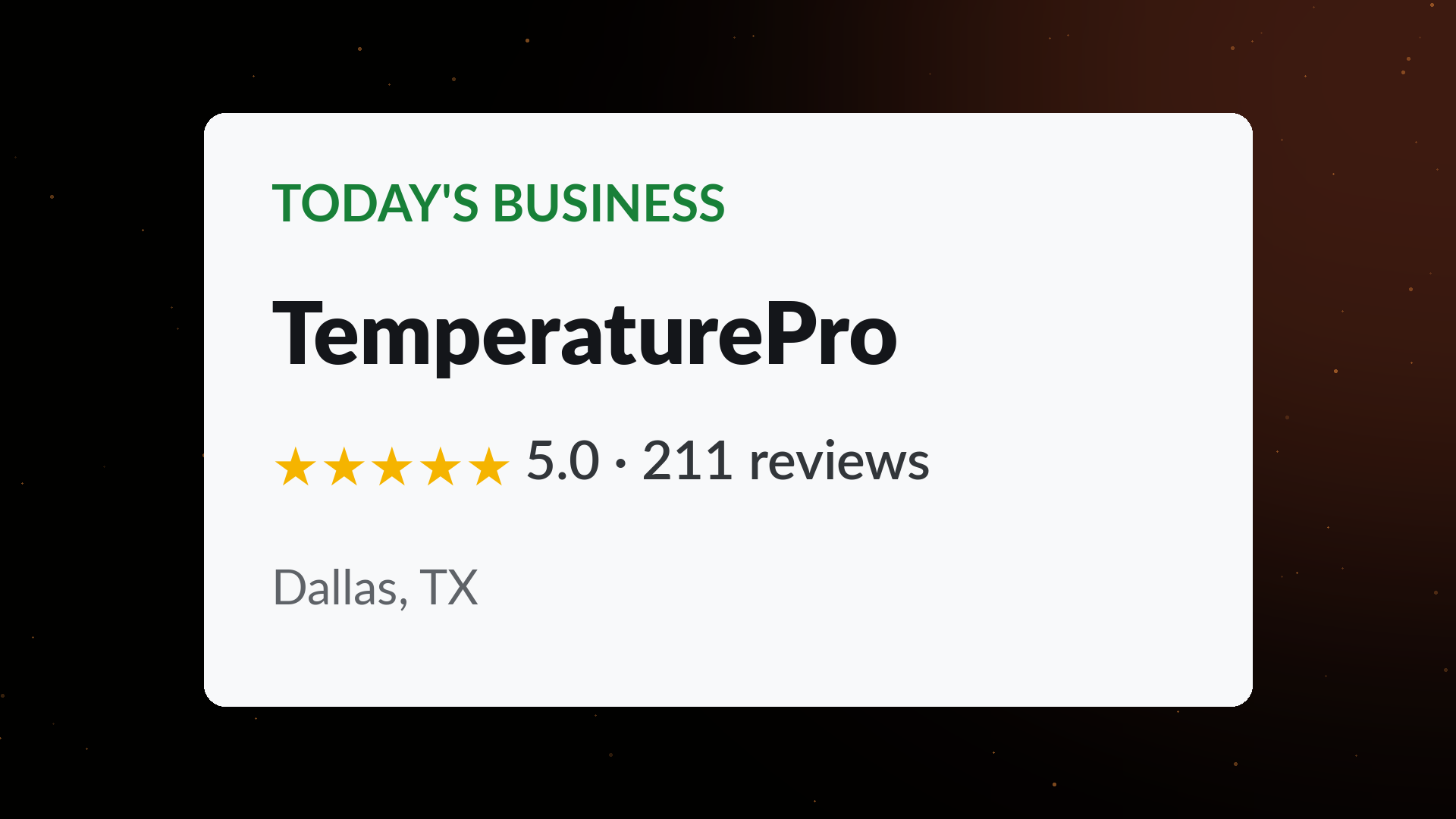 TemperaturePro business card showing a perfect 5.0 star rating across 211 Google reviews in Dallas, TX