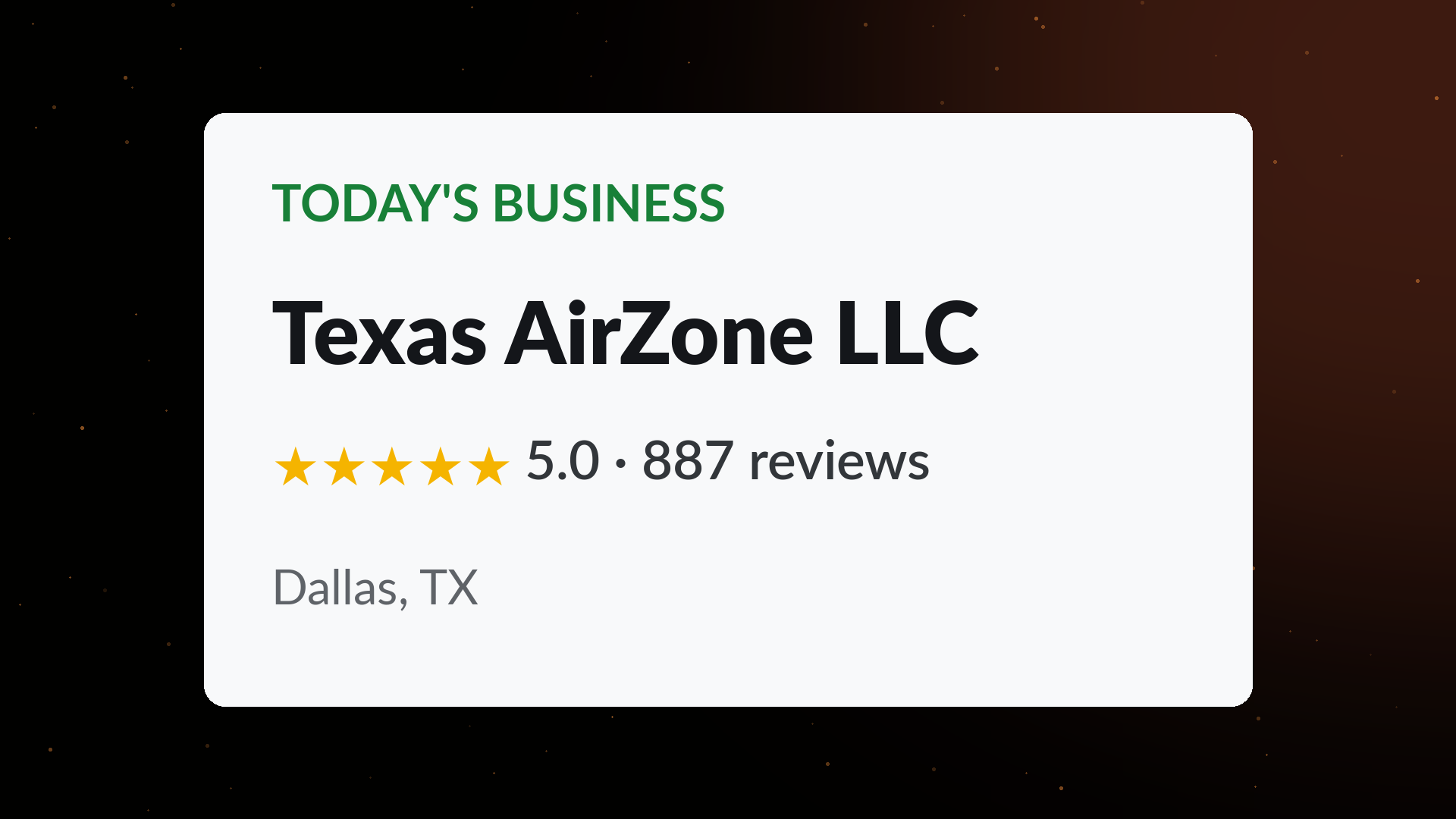 Texas AirZone LLC business card showing a perfect 5.0 star rating across 887 Google reviews in Dallas, TX