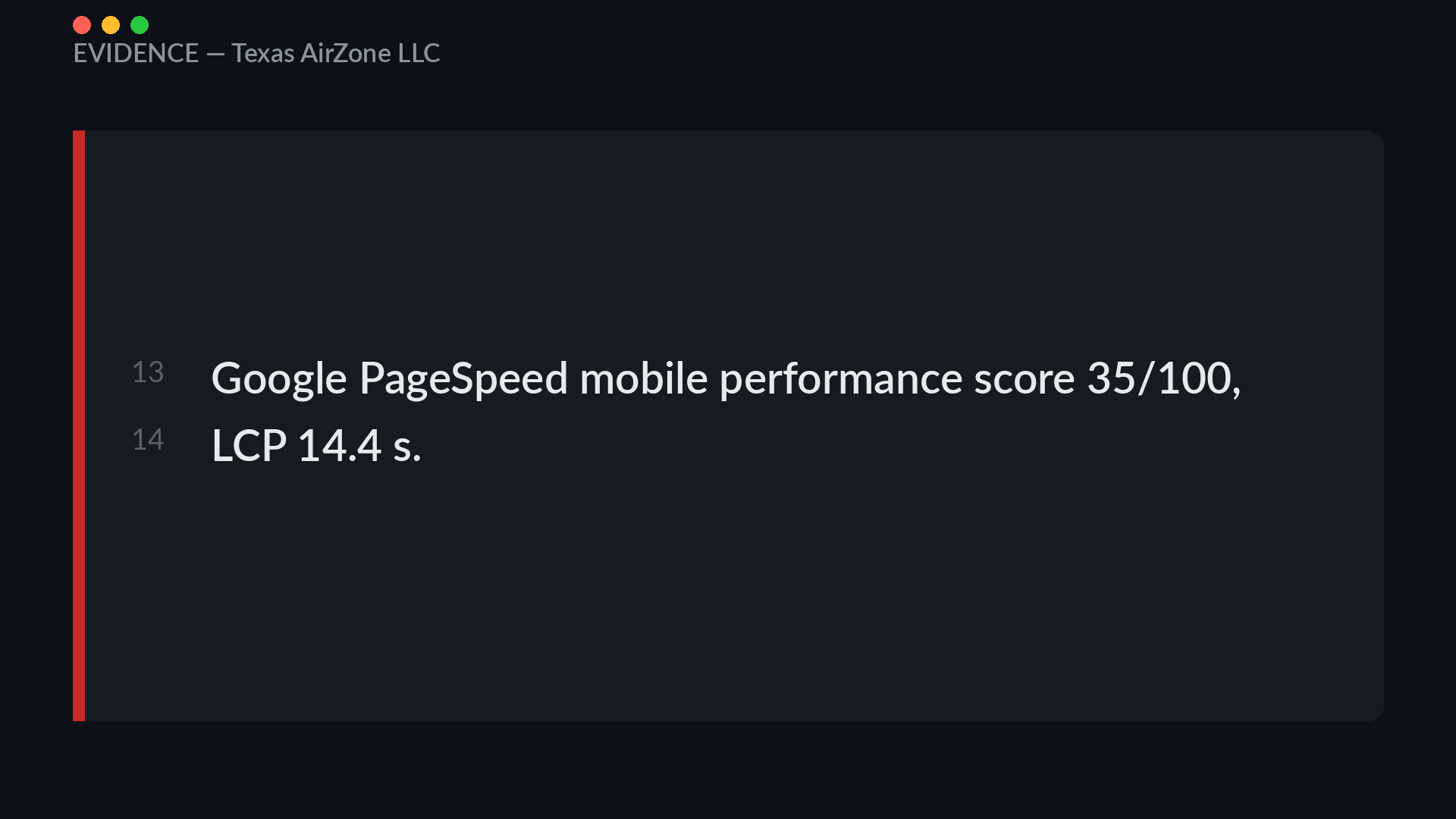 Google PageSpeed mobile result for the Texas AirZone website scoring 35 out of 100 with a 14.4 second largest contentful paint