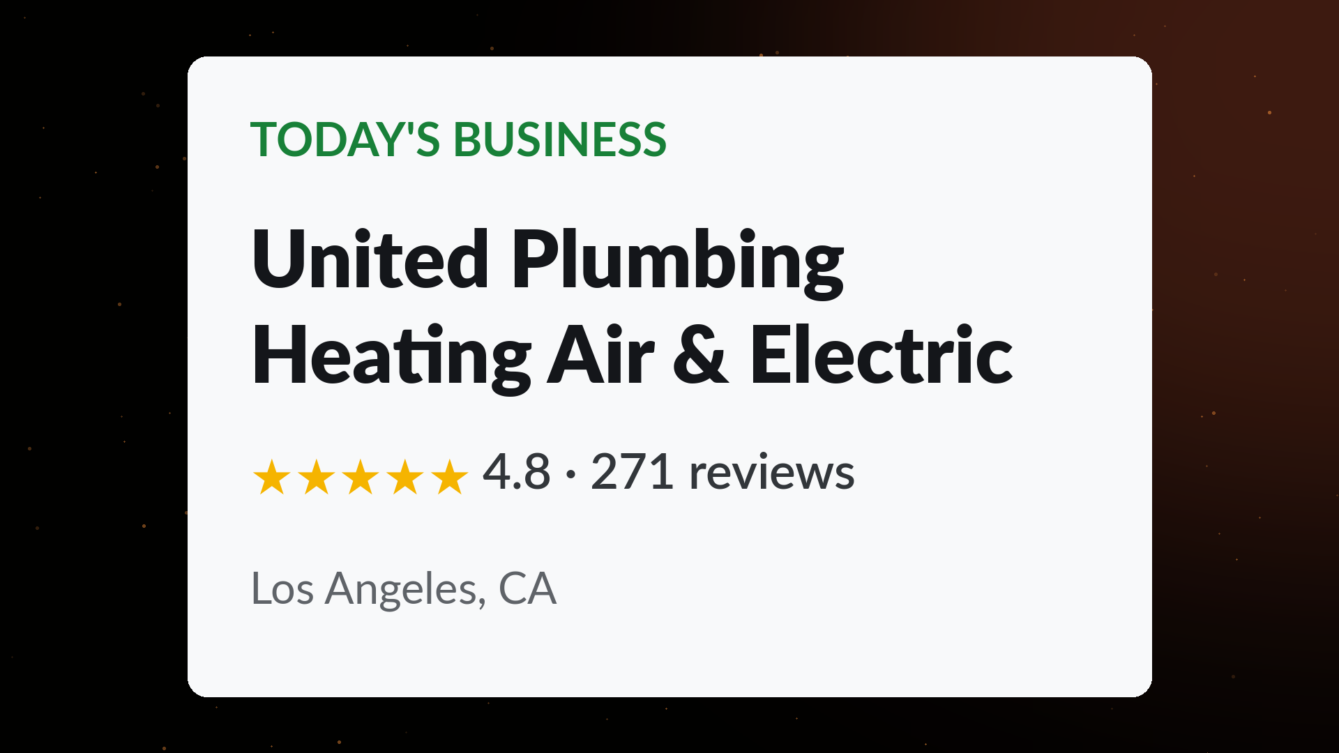 United Plumbing Heating Air & Electric business card showing a 4.8 star rating across 271 Google reviews in Los Angeles, CA