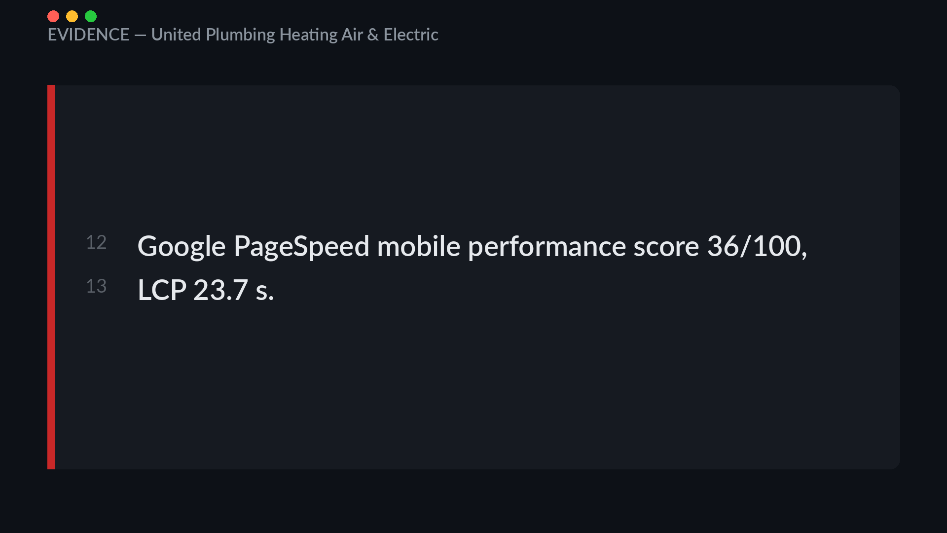 Google PageSpeed mobile result for the United Plumbing website scoring 36 out of 100 with a 23.7 second largest contentful paint