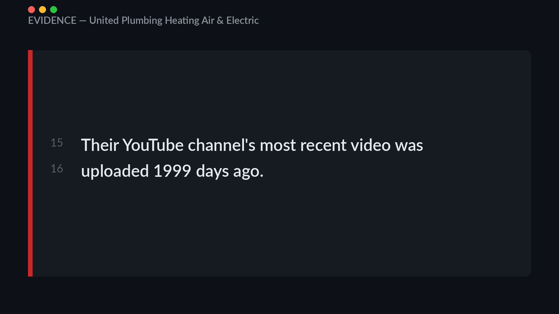 United Plumbing YouTube channel evidence showing the most recent video was uploaded 1999 days ago